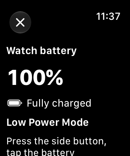 Watch battery panel showing 100 percent and Fully charged